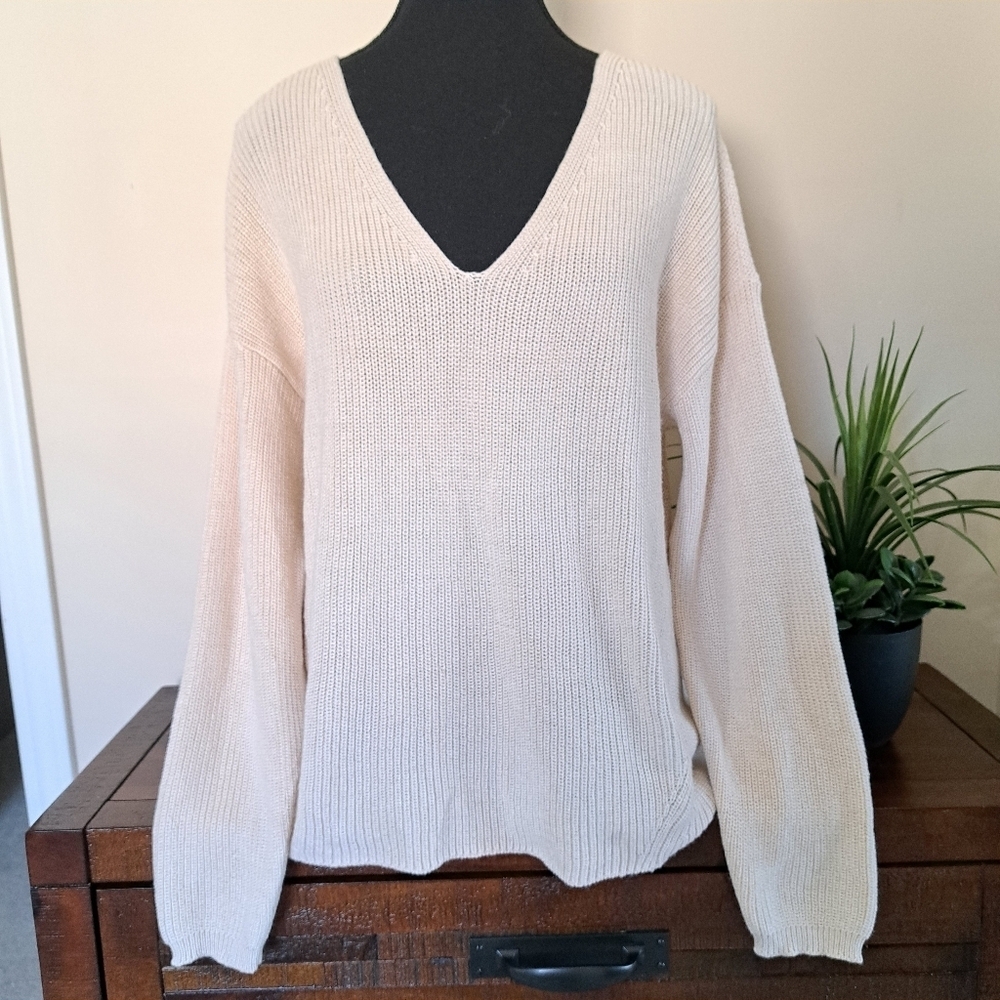 Gentle Fawn V-neck Sweater Size Large Cream Neutral Cozy Knit Ribbed